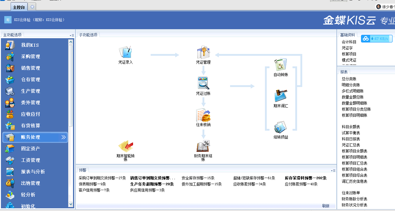 金蝶云专业版软件主界面